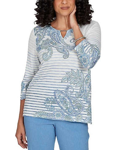 Alfred Dunner Petite Provence Paisley Stripe Split Neck Top