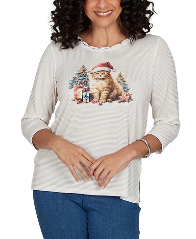 Alfred Dunner Petite Classic Santa Cat Knit Top