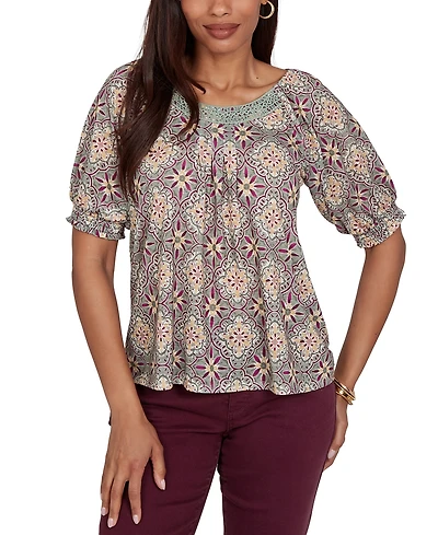 Ruby Rd. Petite Desert Geo Print Lace Trim Knit Top