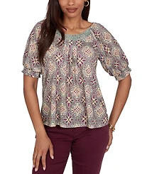 Ruby Rd. Petite Desert Geo Print Lace Trim Knit Top