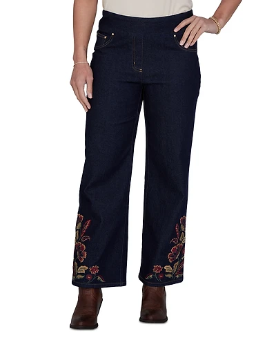Ruby Rd. Petite Pull-On Wide-Leg Embroidered Denim Pants