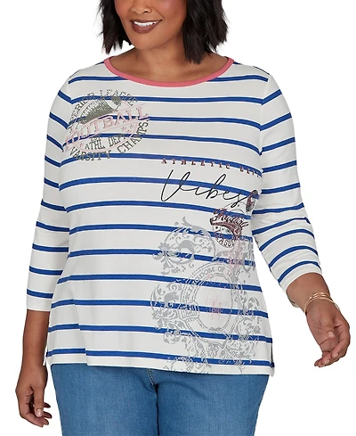 Ruby Rd. Plus Stripe Boat Neck 3/4-Sleeve Top