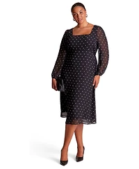 Estelle Women's Sable Polka Dot Square Neck Long Sleeve Midi Dress