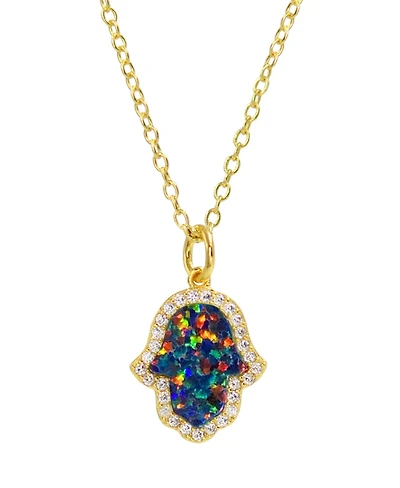 Kamaria Hamsa Hand Necklace with Lab Grown Opal 14k Gold Plated Sterling Silver