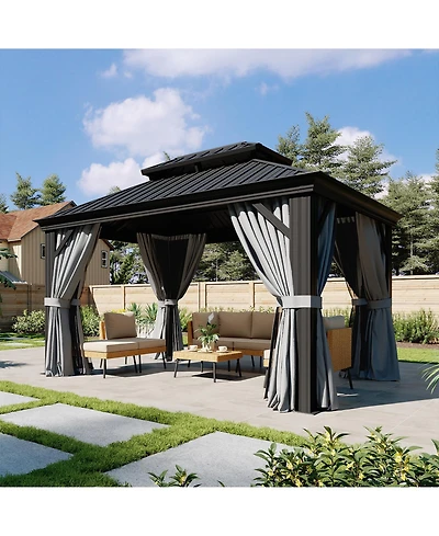 Aoxun Aluminum Hardtop Gazebo, Double Steel Roof Pavilion with Drainage System and Netting