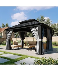 Aoxun Aluminum Hardtop Gazebo, Double Steel Roof Pavilion with Drainage System and Netting