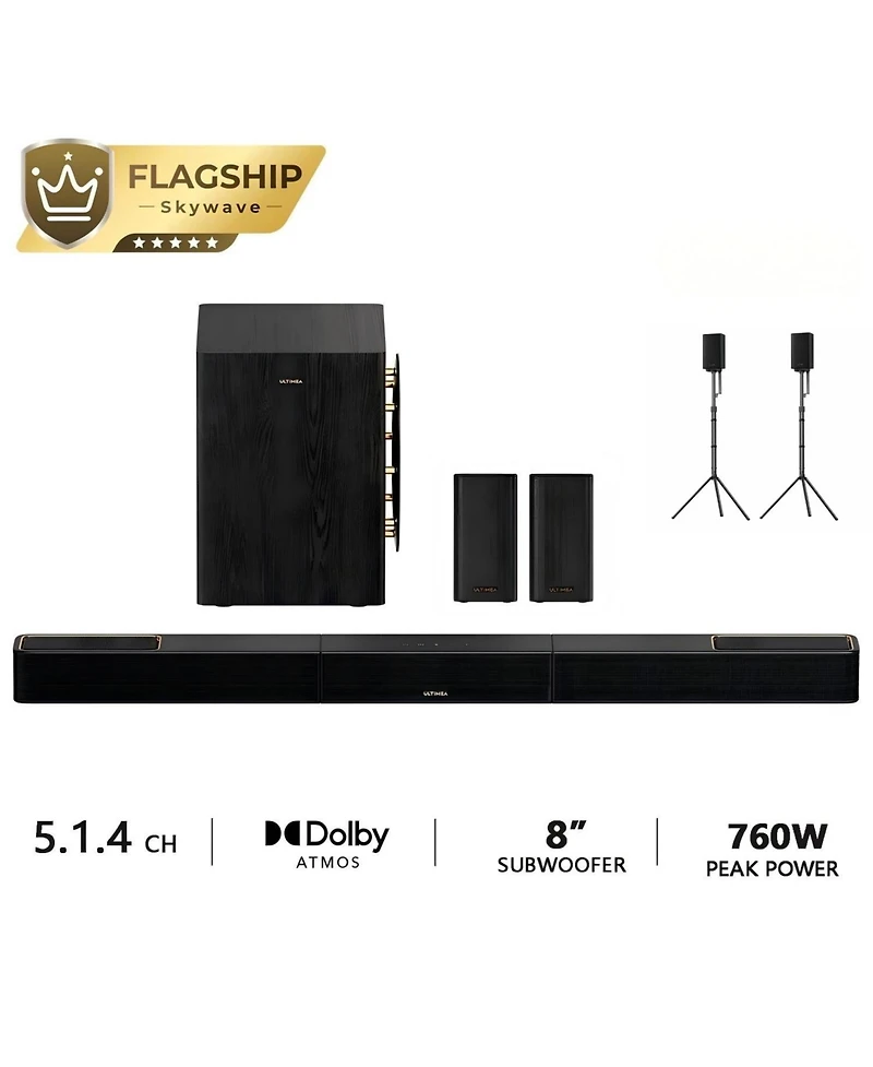 Ultimea Skywave Series 5.1.4ch Wireless Surround Sound System, 760W Dolby Atmos Sound Bar with 8" Subwoofer,2 Wireless Surround Speakers