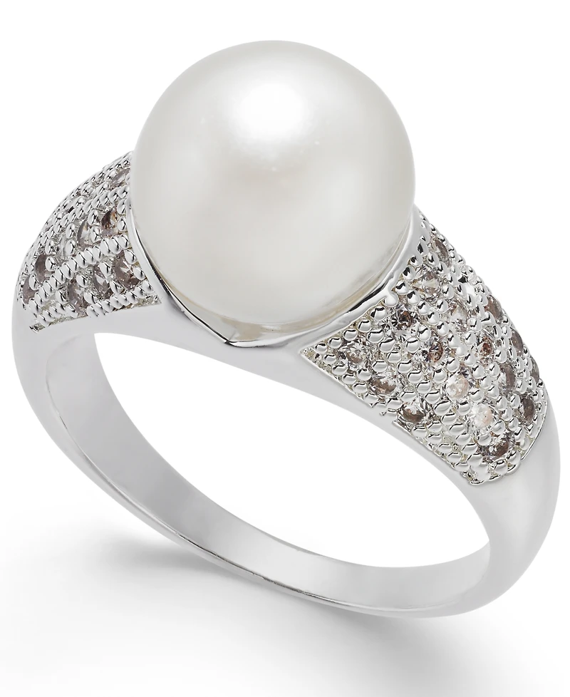 Charter Club Fine Silver Plate Pave & Imitation Pearl Ring, Created for Macy's