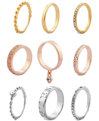 Guess Tri-Tone 9-Pc. Set Crystal Stacker Rings