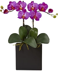 Nearly Natural Double Mini Phalaenopsis Orchid Artificial Plant in Black Vase