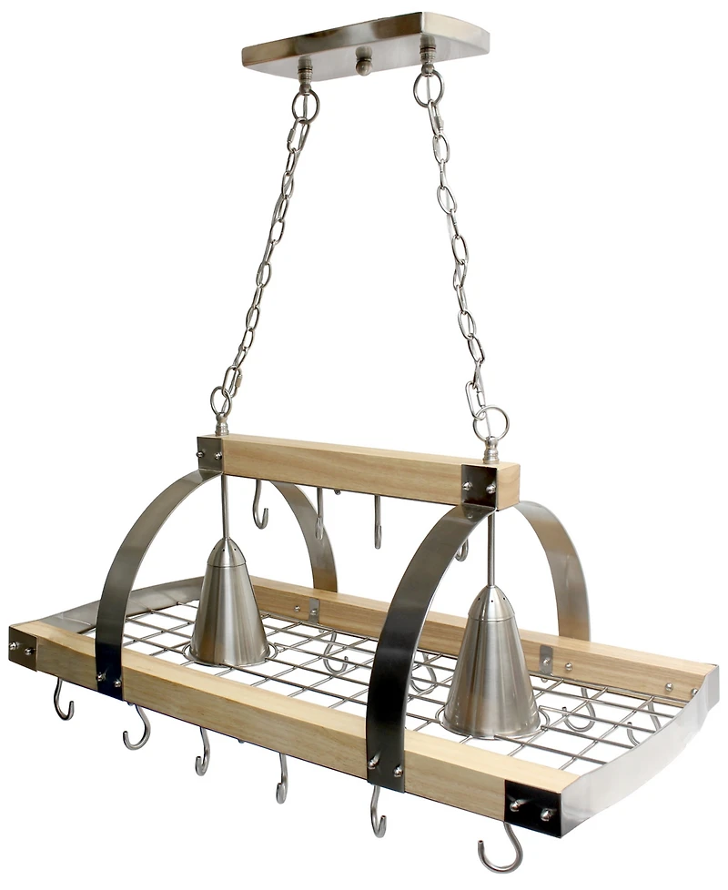 Elegant Designs 2 Light Kitchen Wood Pot Rack with Downlights