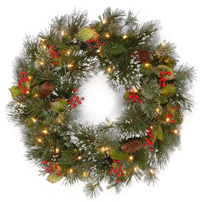 National Tree Company 24" Wintry Pine Wreath with Cones, Red Berries, Snowflakes with 50 Battery-Operated Soft White Led Lights