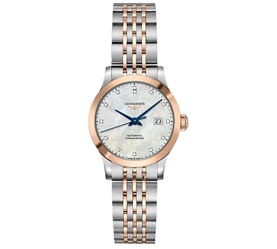 Longines Women's Swiss Automatic Record Diamond-Accent Stainless Steel & 18k Rose Gold Cap 200 Bracelet Watch 30mm