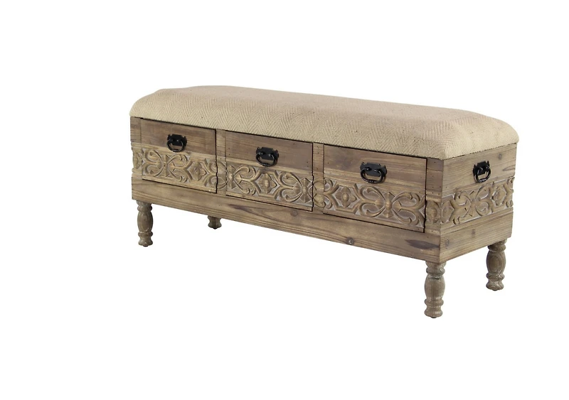 Rustic 20" x 47" Three-Drawer Storage Bench with Cushioned Seat