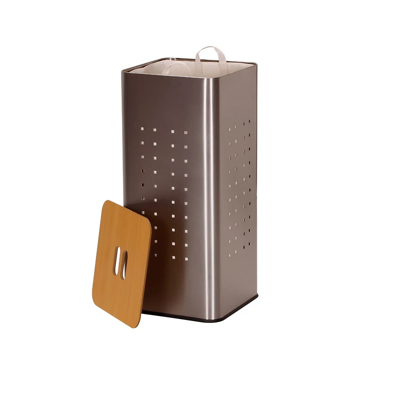 Household Essentials Square Metal Laundry Hamper with Wood Lid