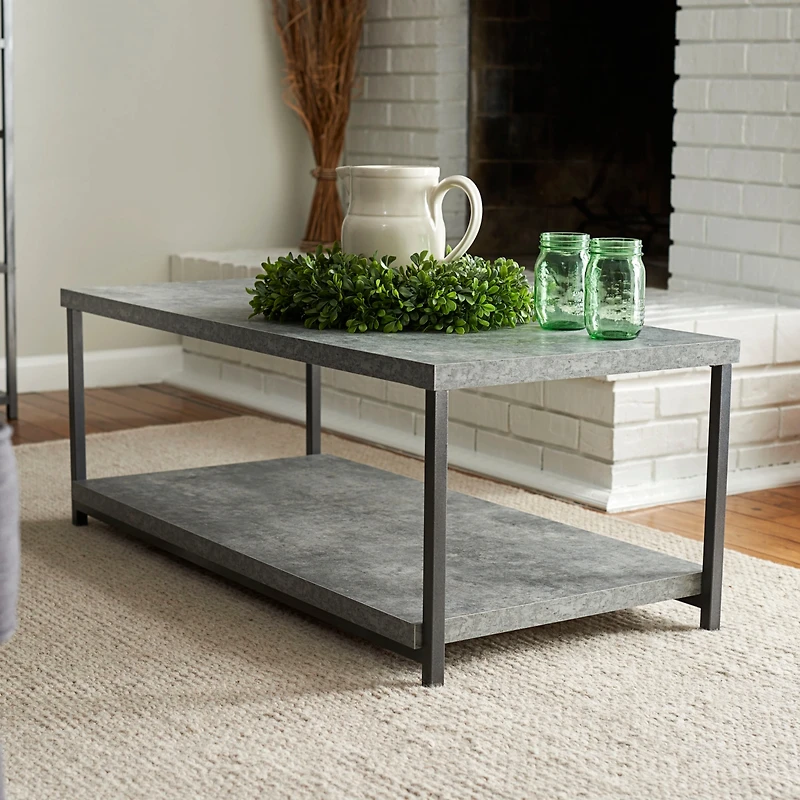 Household Essentials Slate Faux Concrete Coffee Table with Storage Shelf