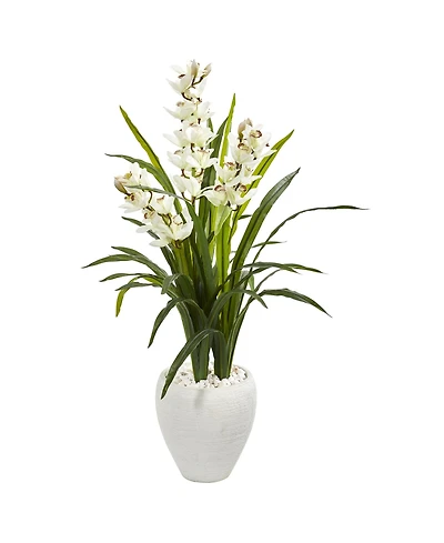 Nearly Natural 4' Cymbidium Orchid Artificial Plant in White Planter