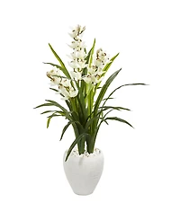 Nearly Natural 4' Cymbidium Orchid Artificial Plant in White Planter