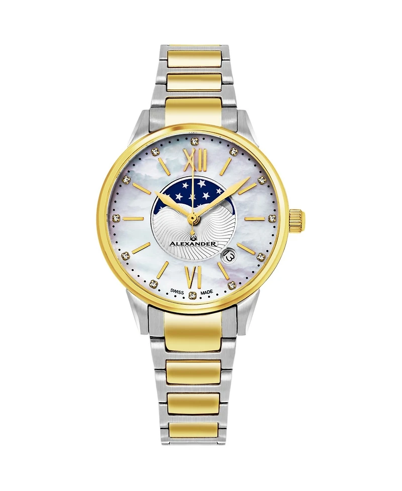 Alexander Watch AD204B-04, Ladies Quartz Moonphase Date Watch with Yellow Gold Tone Stainless Steel Case on Yellow Gold Tone Stainless Steel Bracelet