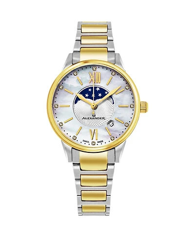 Alexander Watch AD204B-04, Ladies Quartz Moonphase Date Watch with Yellow Gold Tone Stainless Steel Case on Yellow Gold Tone Stainless Steel Bracelet