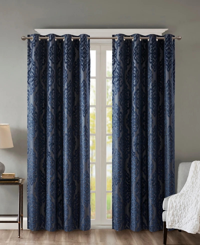 Mirage Knitted Jacquard Damask Total blackout curtains for bedroom, Silver grommet top fit up to 1.25 inches rod Single Curtain Panel for Living Room