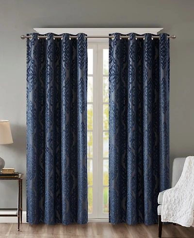 Mirage Knitted Jacquard Damask Total blackout curtains for bedroom, Silver grommet top fit up to 1.25 inches rod Single Curtain Panel for Living Room