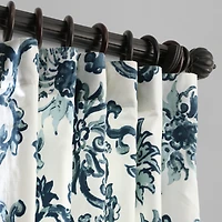 Half Price Drapes Indonesian Blue Floral Printed Cotton Room Darkening Curtain