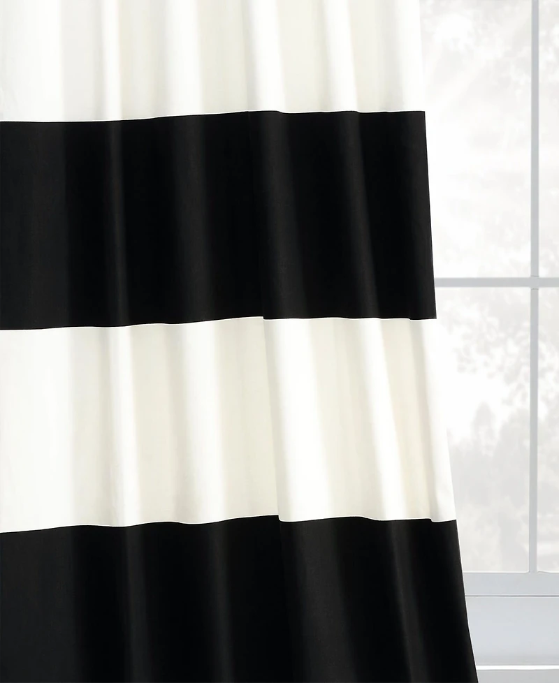 Half Price Drapes Onyx Black & Off White Horizontal Striped Printed Cotton Room Darkening Curtain