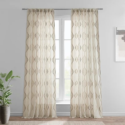 Half Price Drapes Suez Bronze Embroidered Striped Patterned Faux Linen Sheer Curtain