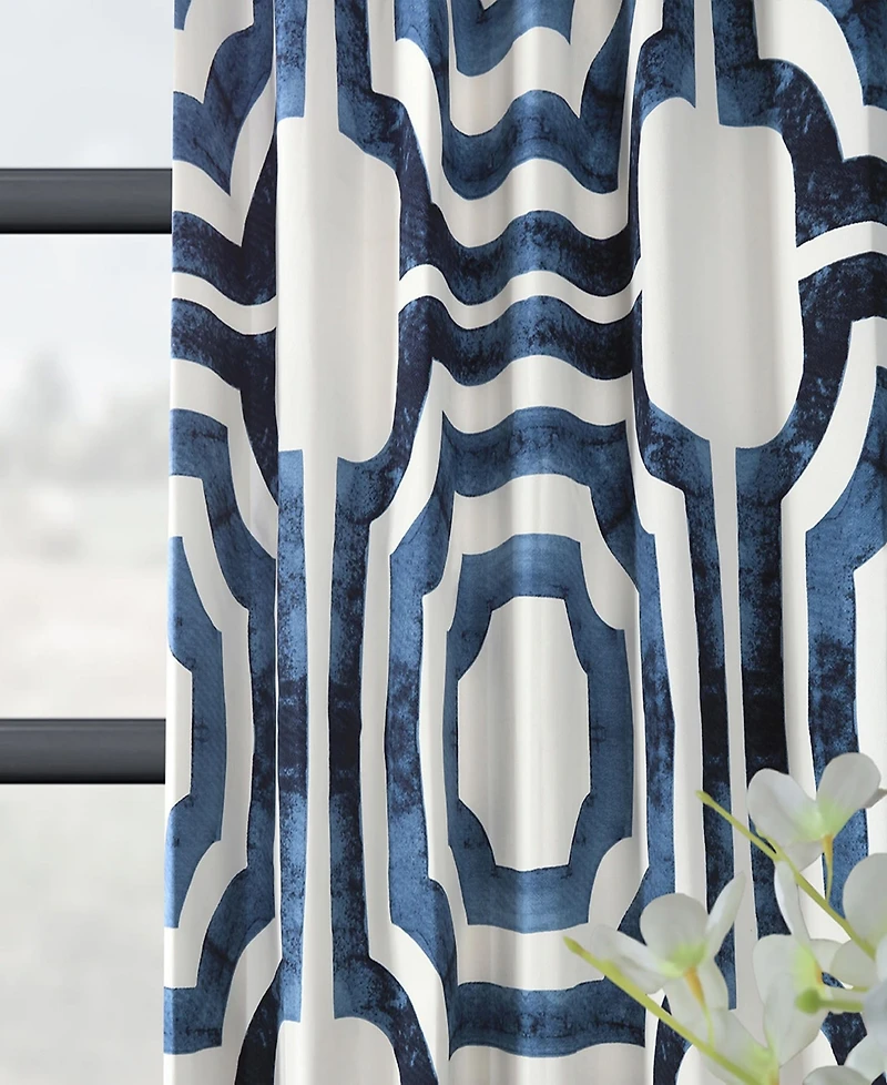 Half Price Drapes Mecca Blue Geometric Printed Cotton Room Darkening Curtain