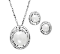 Cultured Freshwater Pearl (7 & 8mm) and Diamond Accent Pendant Necklace and Earrings Set in Sterling Silver