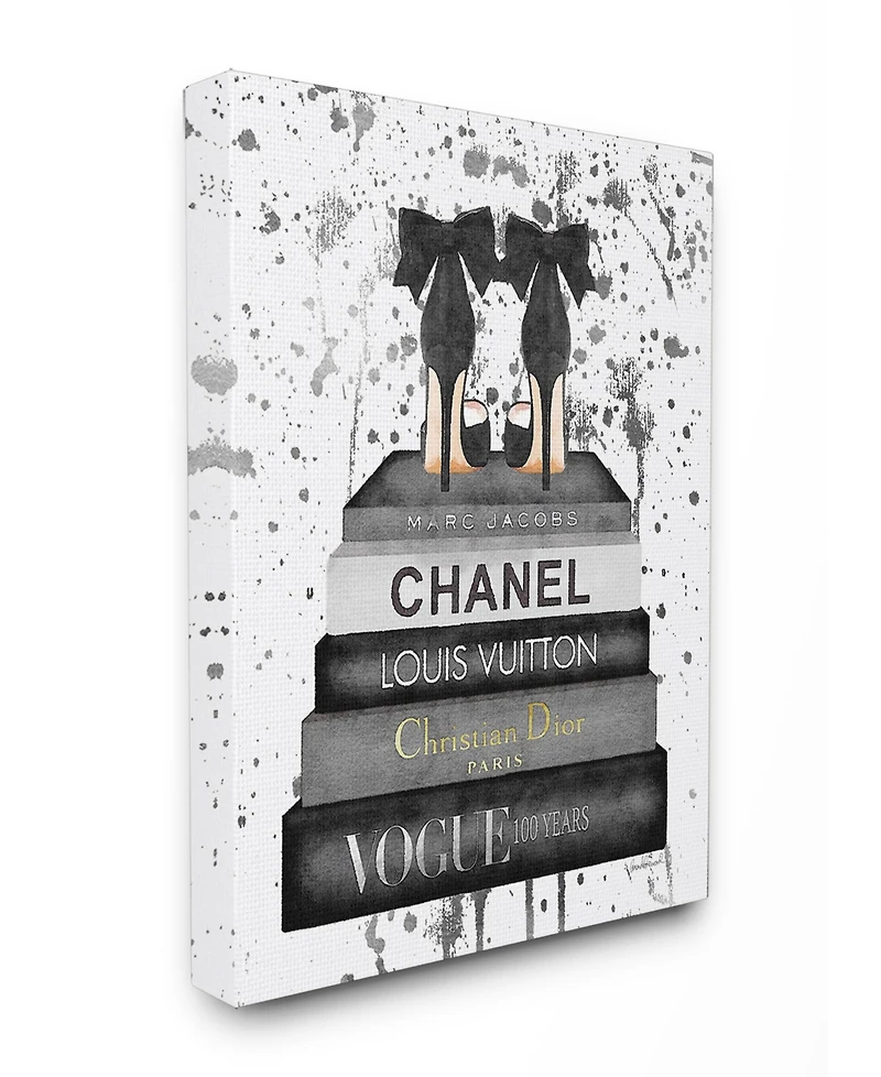 Stupell Industries Glam Fashion Book Stack Gray Bow Pump Heels Ink Canvas Wall Art, 16" x 20"