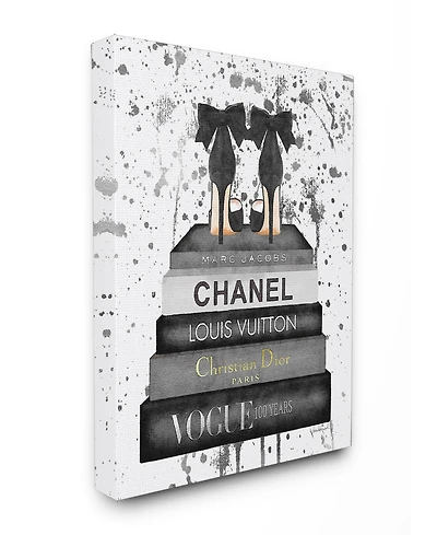 Stupell Industries Glam Fashion Book Stack Gray Bow Pump Heels Ink Canvas Wall Art, 16" x 20"