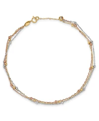 Three Strand Beaded Anklet in 14k White, Yellow and Rose Gold