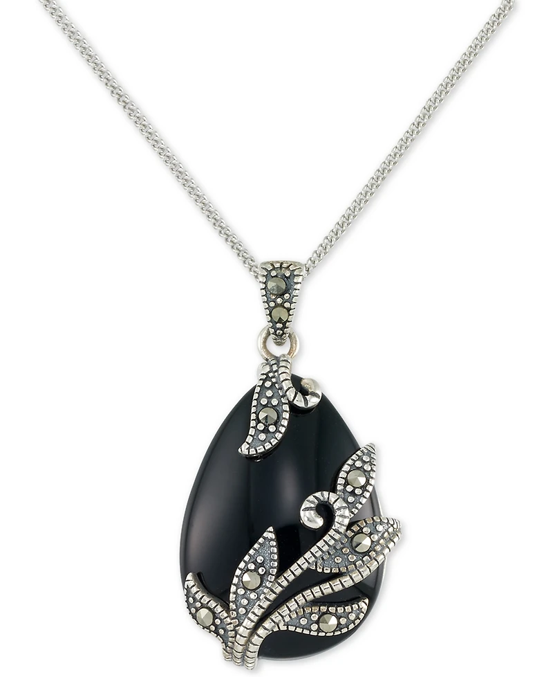 Onyx (16 x 22 x 5mm) & Marcasite Teardrop 18" Pendant Necklace in Sterling Silver