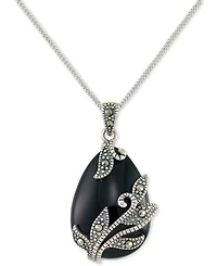 Onyx (16 x 22 x 5mm) & Marcasite Teardrop 18" Pendant Necklace in Sterling Silver