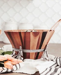 Arthur Court Acacia Wood Salad Bowl in Metal Stand, Sand-Cast Aluminum Stand in Olive Pattern