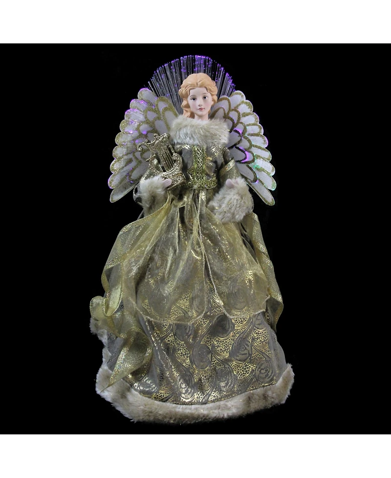 Northlight 16" Lighted Fiber Optic Angel in Metallic Gold Gown with Harp Christmas Tree Topper