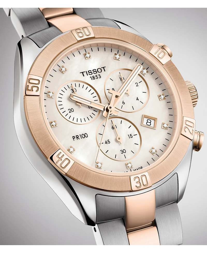 Tissot Women's Swiss Chronograph T-Classic Pr 100 Diamond (1/20 ct. t.w.) Two-Tone Pvd Stainless Steel Bracelet Watch 38mm