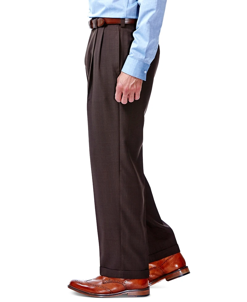 Haggar Men's Eclo Stria Classic Fit Pleated Hidden Expandable Waistband Dress Pants