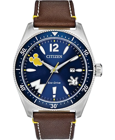 Disney by Citizen Mickey Mouse Classic Brown Leather Strap Watch 43mm