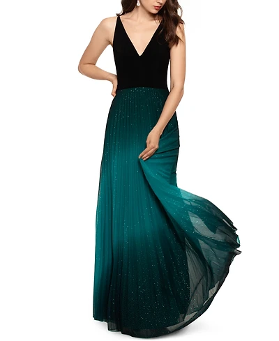 Betsy & Adam Pleated Glitter-Skirt Gown