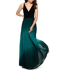 Betsy & Adam Pleated Glitter-Skirt Gown