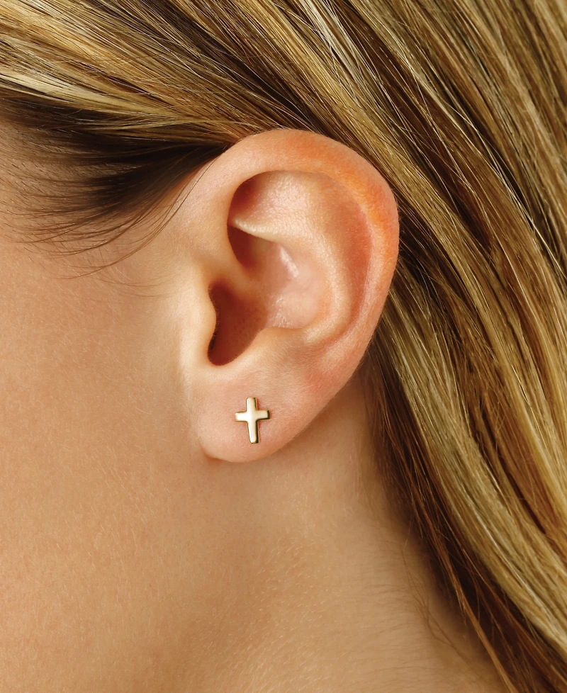 Flat Cross Stud Earrings in 14k White, Yellow or Rose Gold
