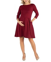 24Seven Comfort Apparel Knee Length Fit N Flare Maternity Dress with Pockets
