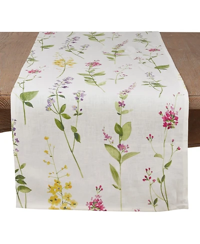 Saro Lifestyle Linen Table Runner with Watercolor Floral Stem Design