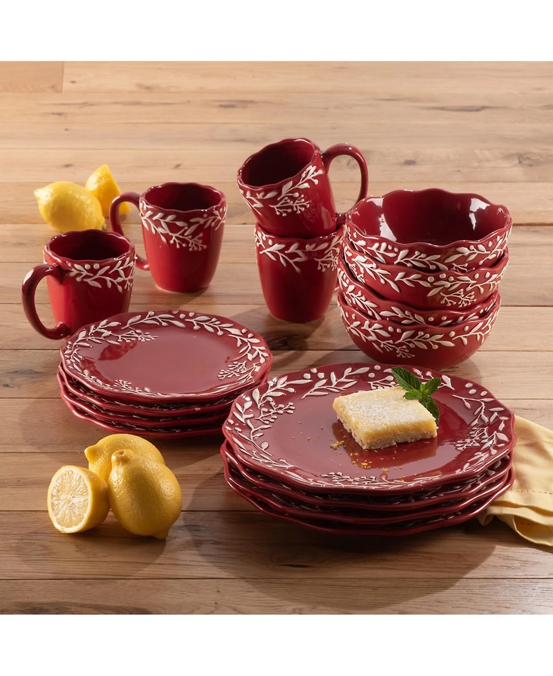 American Atelier Bianca Mistletoe Red and White Ceramic 16-Piece Dinnerware Set