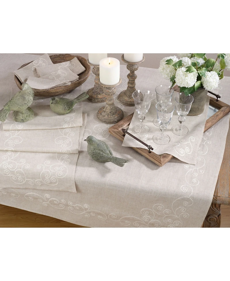 Saro Lifestyle Embroidered Swirl Design Natural Linen Blend Table Runner