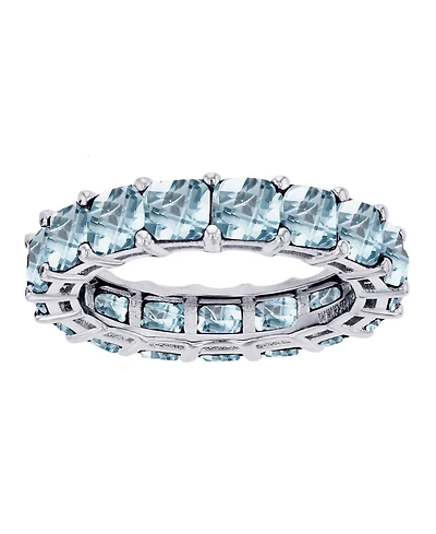 Lab Grown Light Blue Spinel Princess Cut Eternity Band Rhodium Plated Sterling Silver