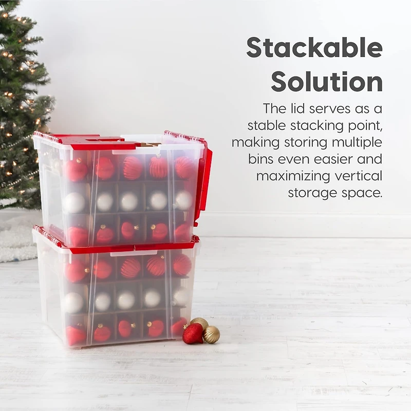 Iris Usa 2Pack 60qt Plastic Christmas Ornament Storage Box with Hinged Lid and Dividers, Red, Holiday Color